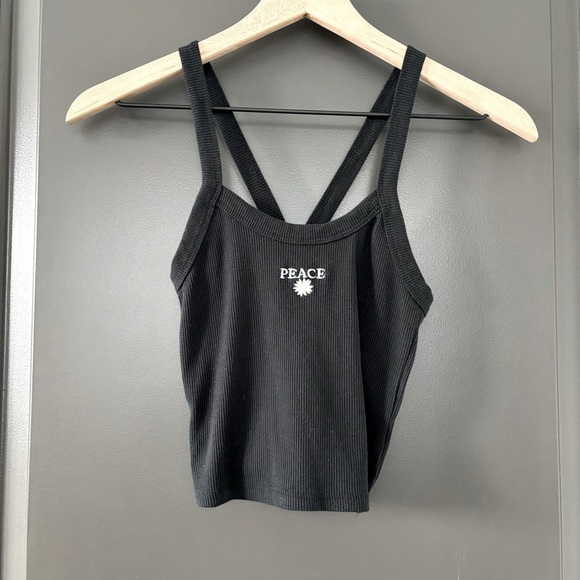 “Peace” Black Strappy Daisy Cropped Embroidered Tank Top - Picture 1 of 5